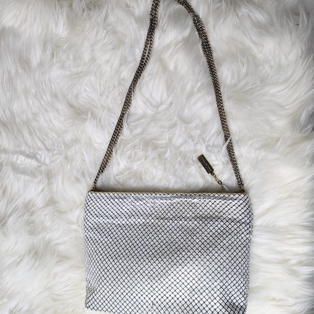 WHITING & DAVIS International White Metal Mesh Crossbody Purse Tag Silver Strap